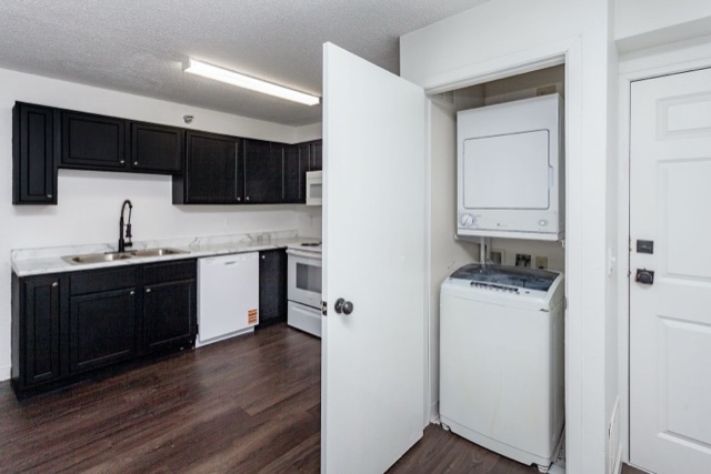 Kitchen with dark cabinets and a full appliance package at The Aspen